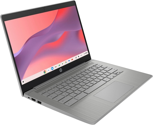 Ein silberner HP Chromebook Laptop mit einem offenen Bildschirm und Tastatur.