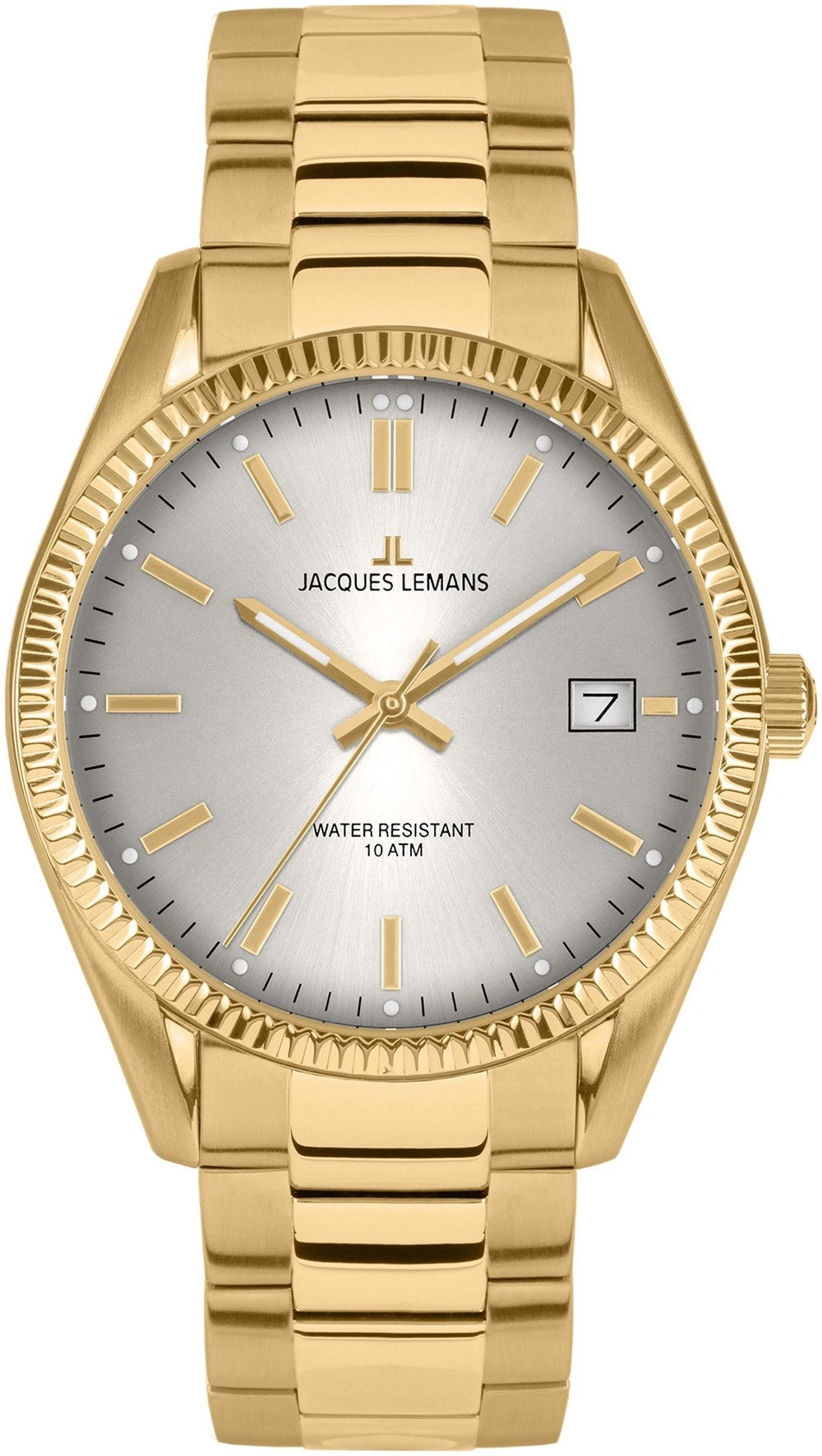 Goldene Jacques Lemans Armbanduhr mit silbernem Zifferblatt