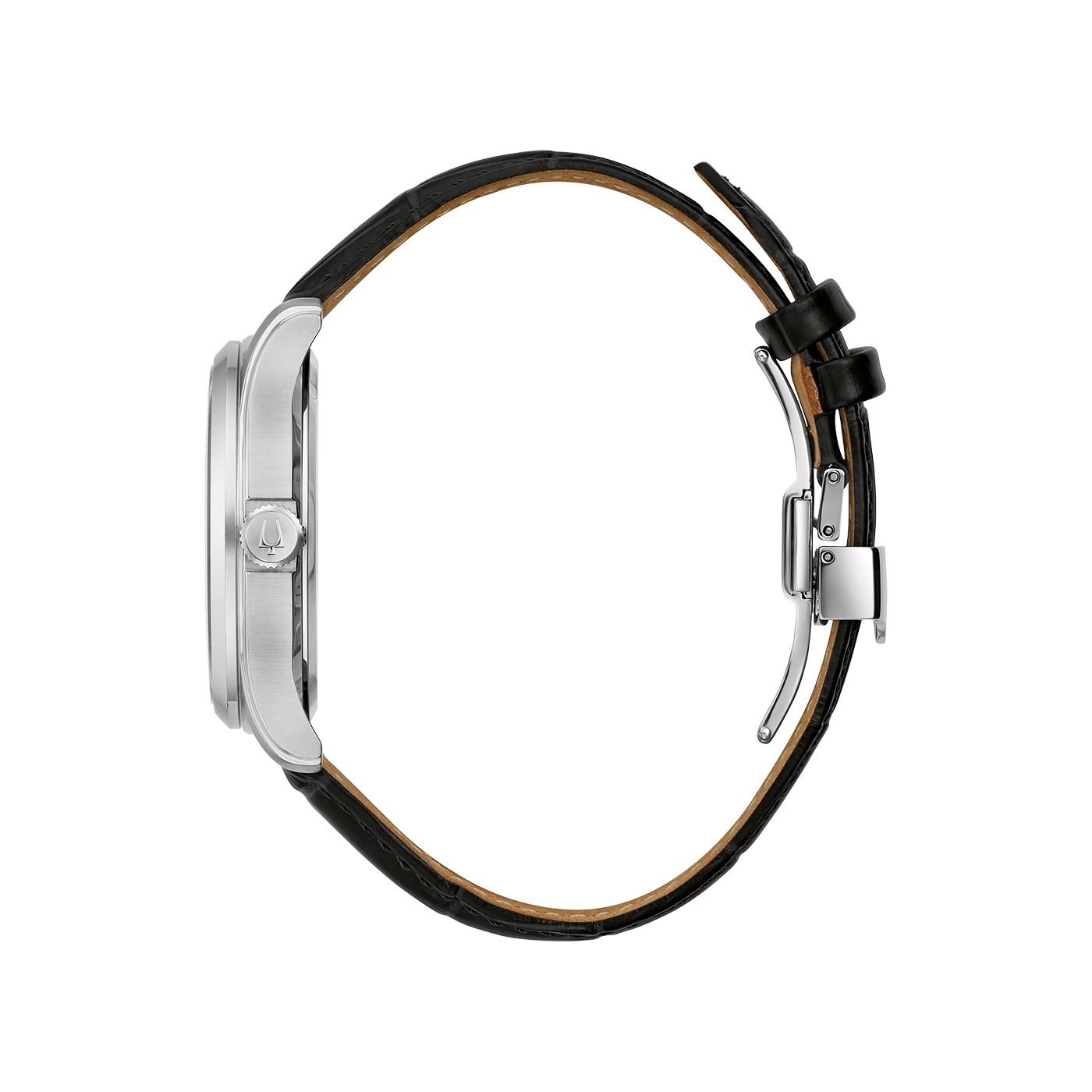 Uhr mit Lederarmband, Seitenansicht, silbernes Gehäuse, schwarzes Armband, Detailaufnahme