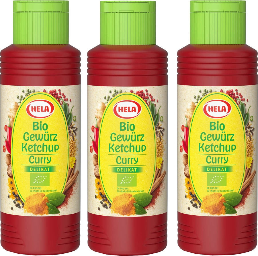 3 x Hela Bio Ketchup Curry delikat Gewürzketchup 300 ml Flasche Ketchupflasche