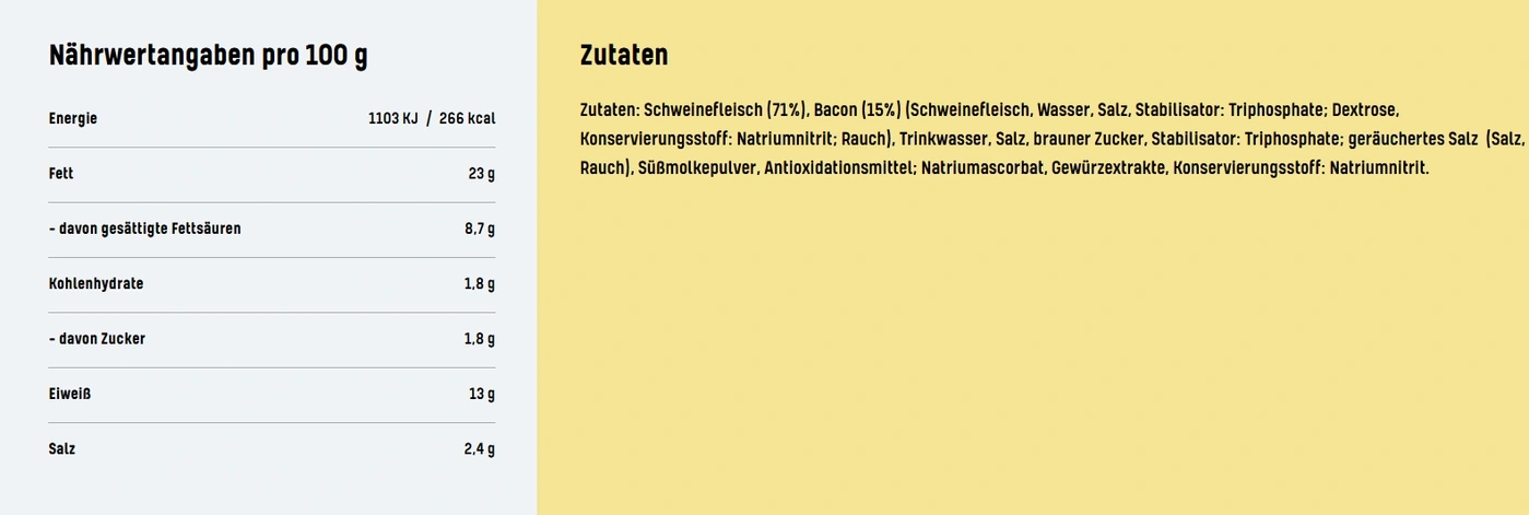 Nährwertangaben und Zutaten für ein Produkt