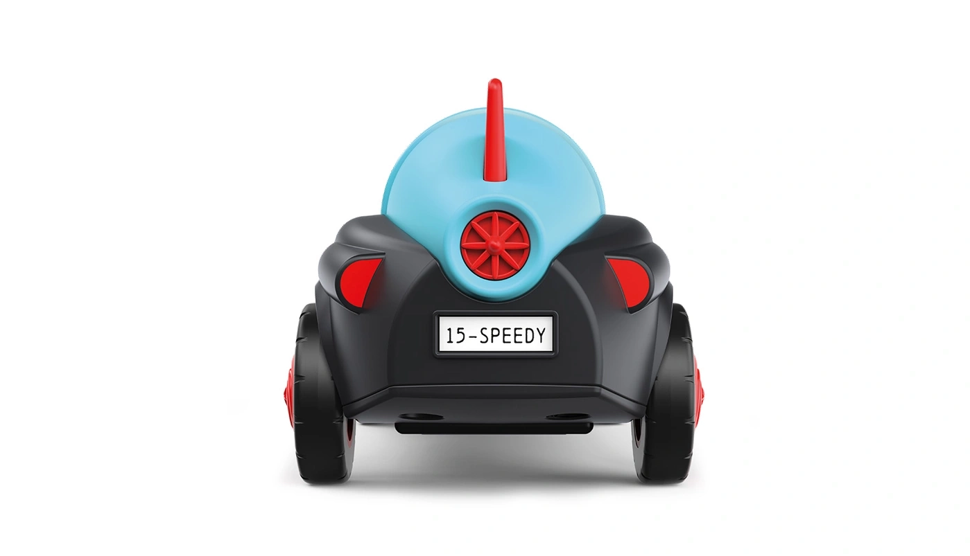 Rückansicht eines schwarzen Spielzeugautos mit hellblauem Dach und roter Dekoration.