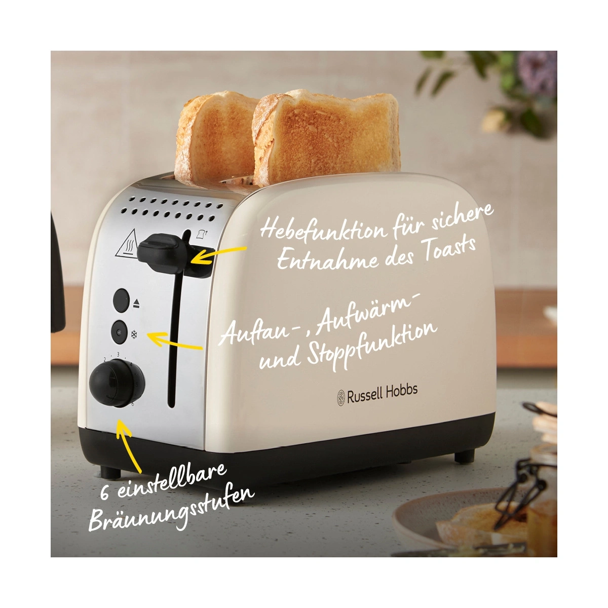 Ein Russell Hobbs Toaster mit Toastscheiben und Beschriftungen auf Deutsch.