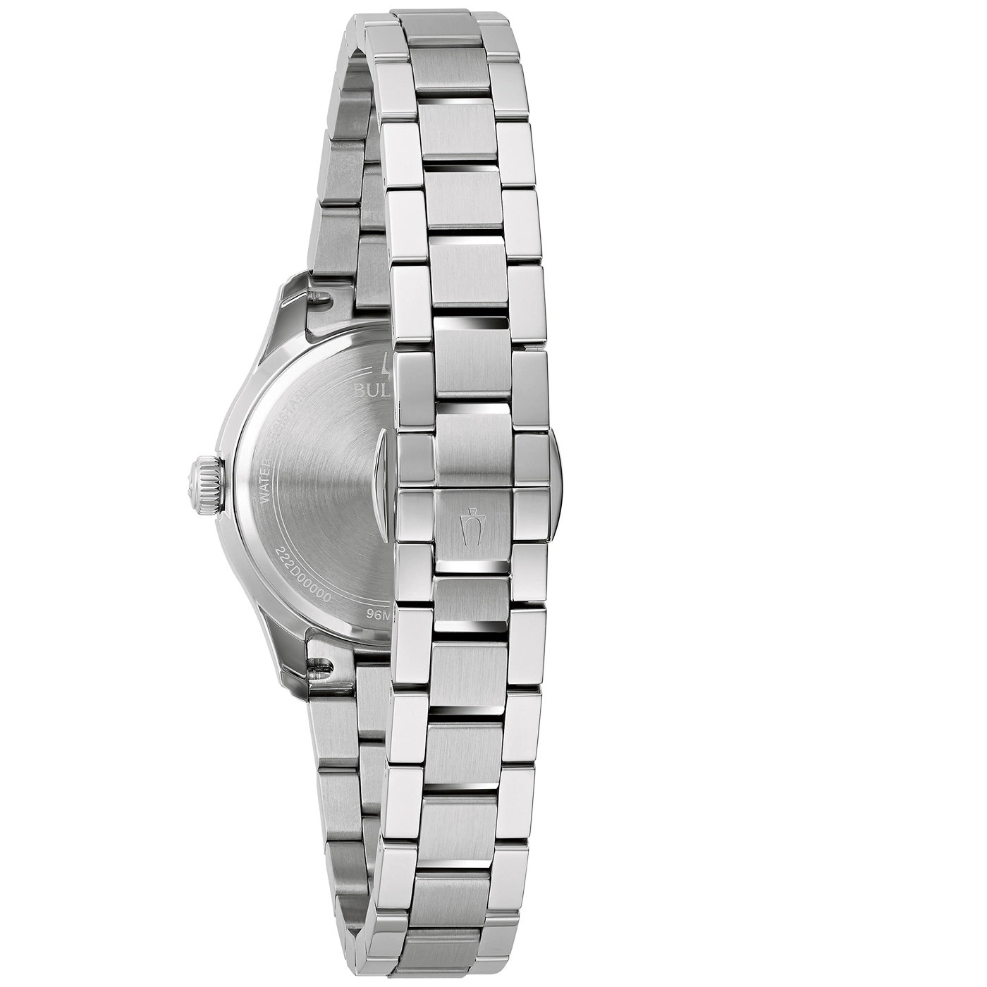 Nahaufnahme einer silbernen Armbanduhr mit Metallarmband und Logo auf der Rückseite