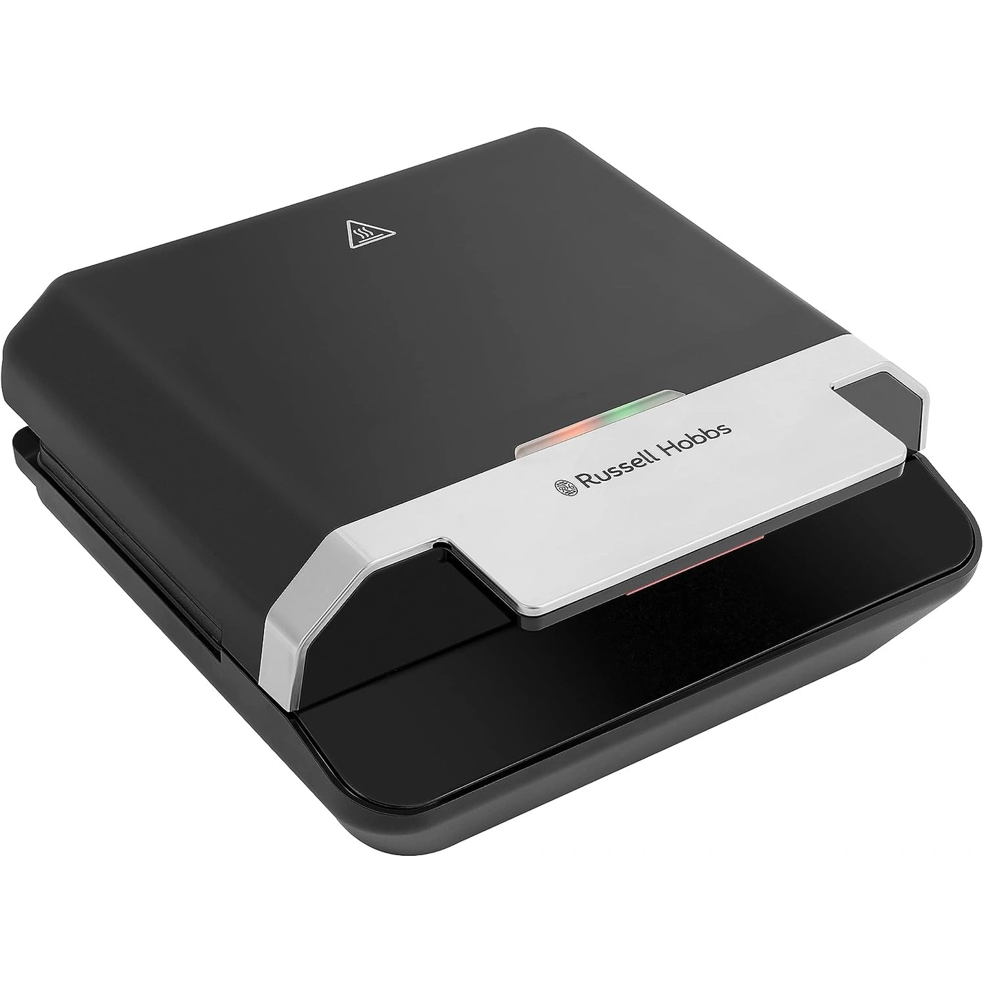 Schwarzer Sandwichmaker von Russell Hobbs mit grünen und roten Lichtern.