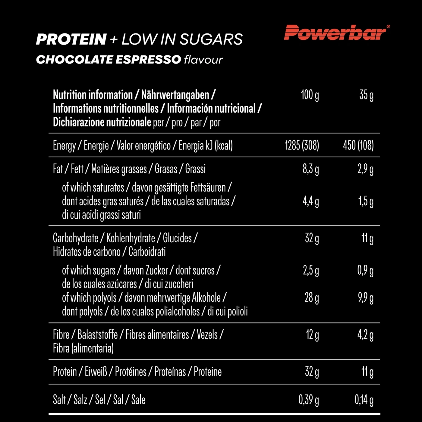 Nährwertangaben für Powerbar Protein + Low in Sugars Schoko-Espresso-Geschmack