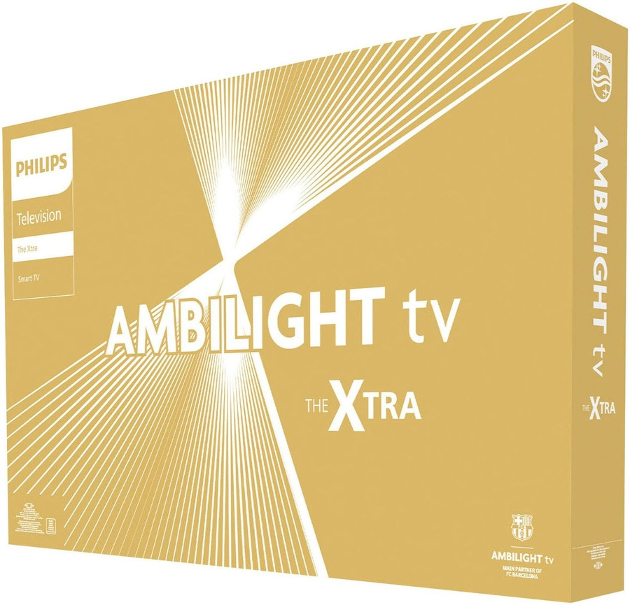 Philips Ambilight TV, The Xtra, Smart TV, goldene Verpackung, Barcelona Partner