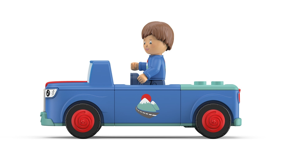 Spielzeugauto mit Fahrer, blau, rot, Berge, Sonne, Straße, Kinderspielzeug, Fahrzeug