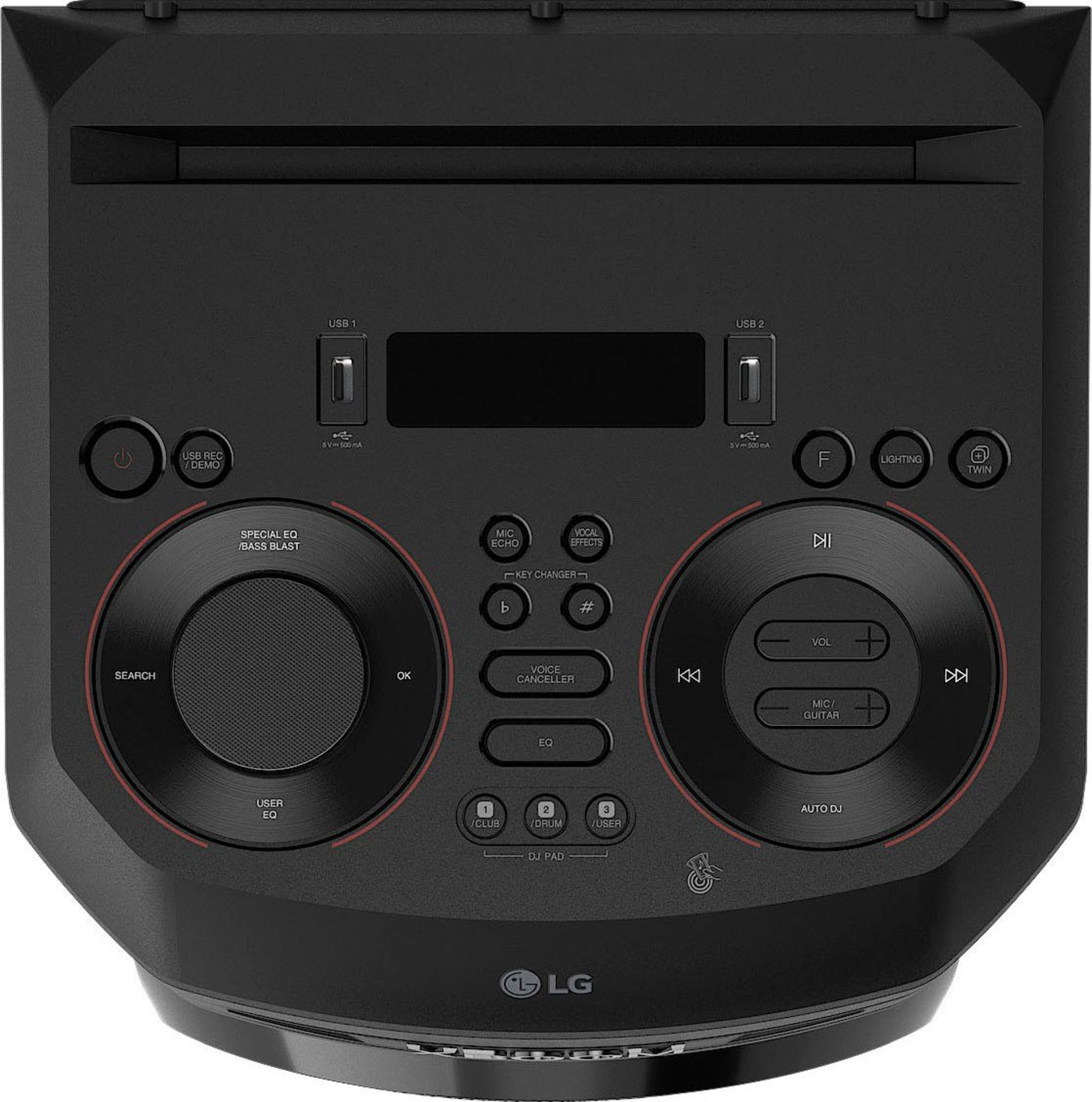 Schwarzer Lautsprecher mit Knöpfen, Anschlüssen und LG-Logo. Funktionen: USB, EQ, DJ-Pad, Beleuchtung.