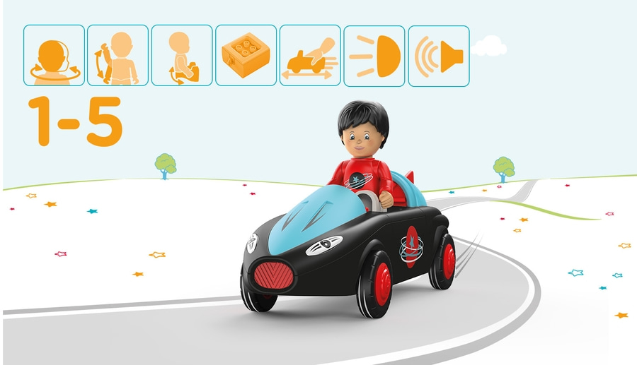 Spielzeugauto mit Fahrer, Illustration für Kinder von 1-5 Jahren, auf Straße