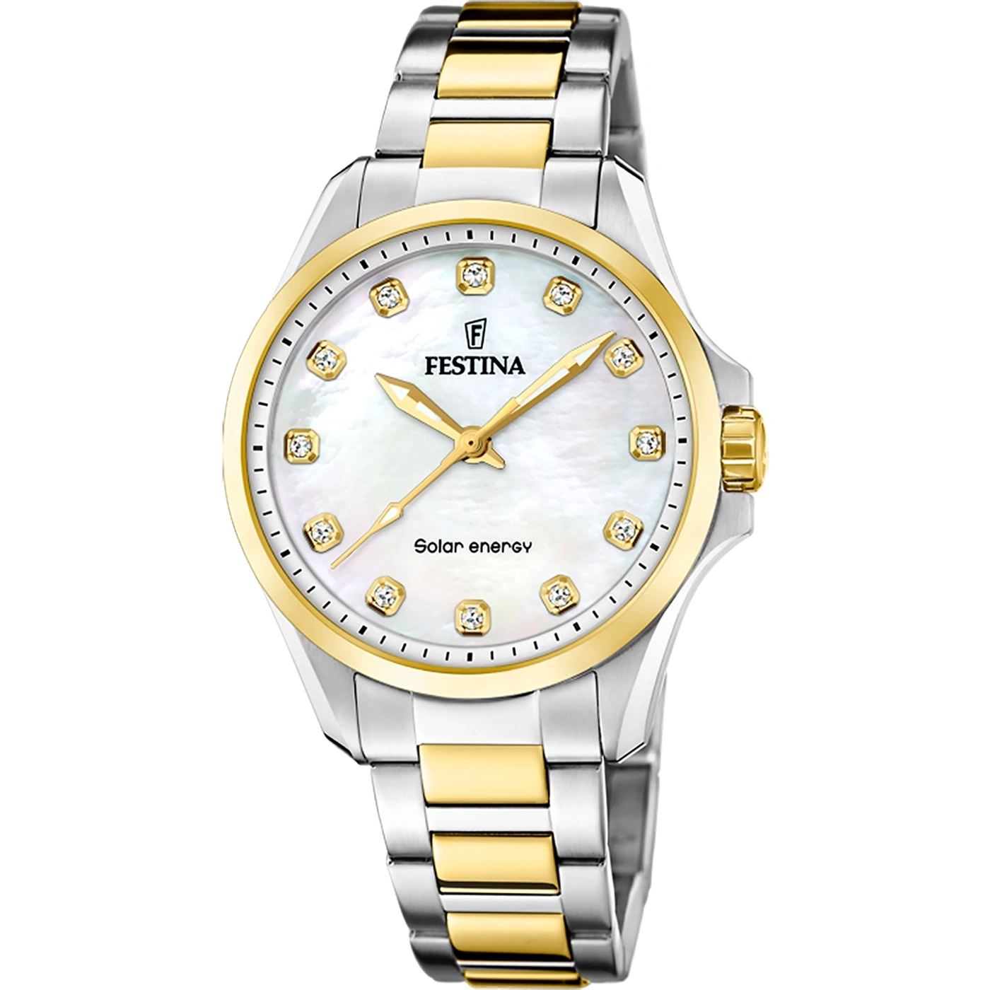 Festina Damen-Solaruhr mit bicolor-Armband und Diamanten auf Perlmuttzifferblatt