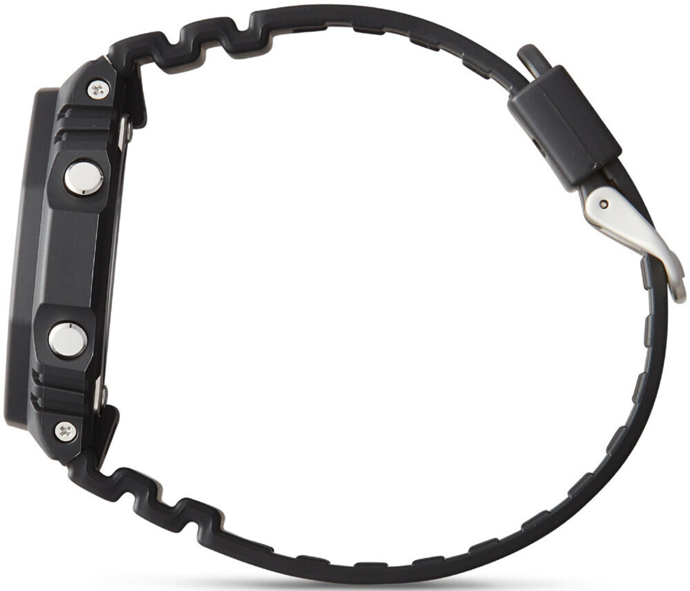 Schwarze Uhr mit Armband, Seitenansicht, Detailaufnahme, Nahaufnahme, isoliert