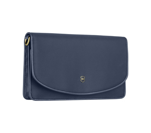 Dunkelblaue Umhängetasche mit goldenem Logo, elegantes Design, stilvoll und modern.