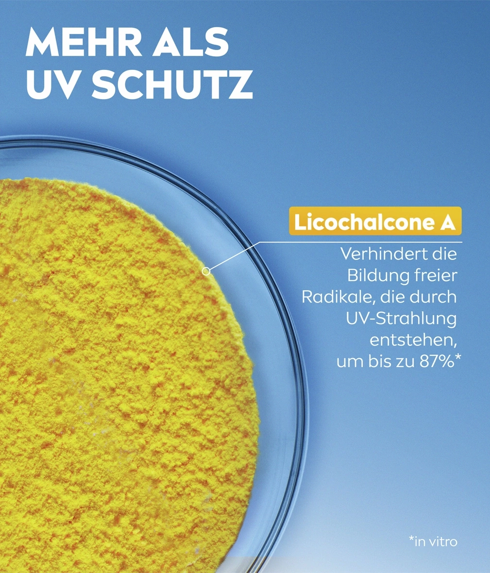 Ein Behälter mit gelbem Pulver und Text "Mehr als UV Schutz".