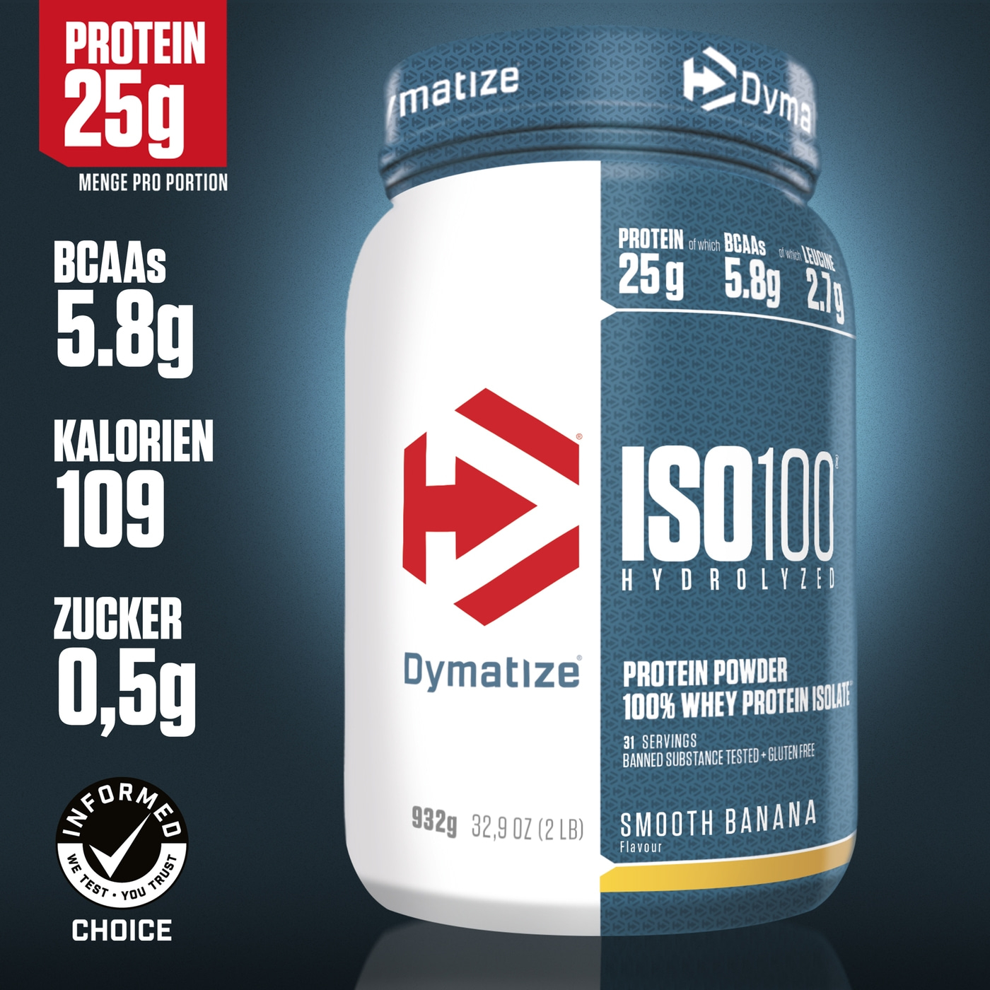 Dymatize ISO100 Protein Pulver, 25g Protein, 5.8g BCAAs, 109 Kalorien, 0.5g Zucker, Smooth Banana