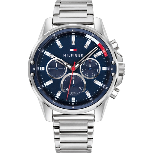 Tommy Hilfiger Uhr, blaues Zifferblatt, silbernes Armband, Chronograph, Datumsanzeige, Herrenuhr