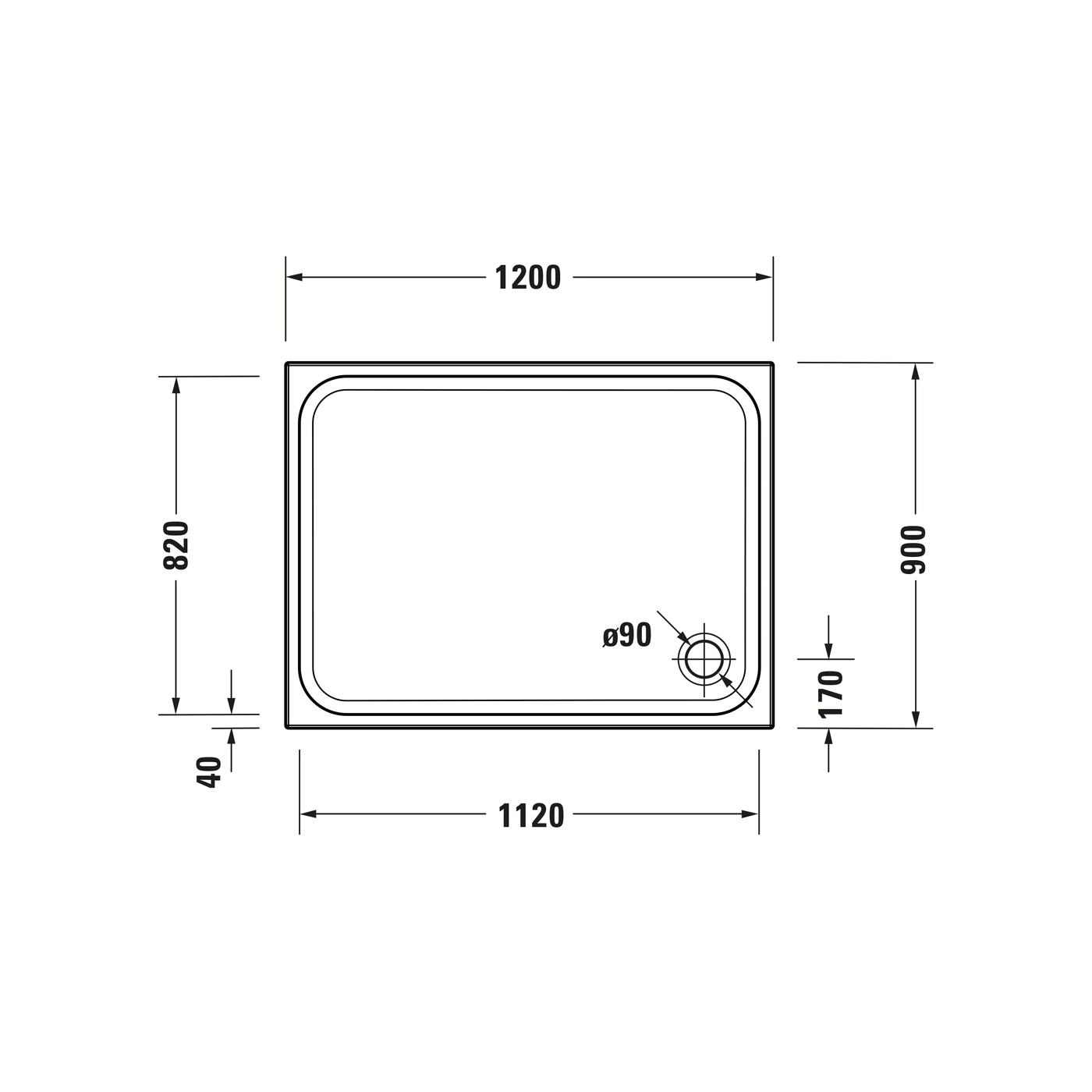 Duschwanne mit Maßen: 1200x900x40mm, Durchmesser 90mm, 1120mm, 820mm, 170mm.