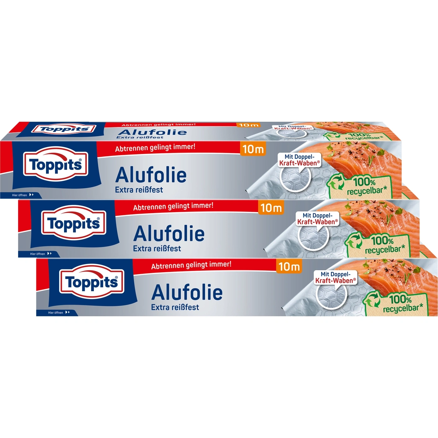 Toppits Alufolie Packungen, 10m, extra reißfest, 100% recycelbar, mit Doppel-Kraft-Waben