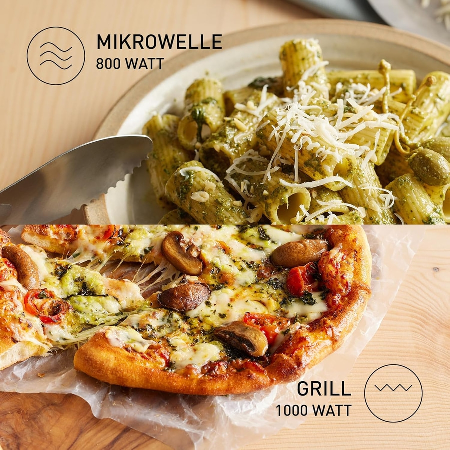 Mikrowelle und Grill mit Essen: Pasta und Pizza, 800 Watt und 1000 Watt.