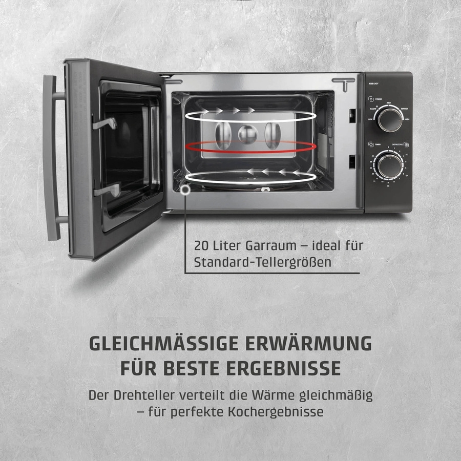 Ein offenes, modernes Mikrowellenofen mit 20 Litern Garraum für gleichmäßige Erwärmung, ideal für beste Kochergebnisse.