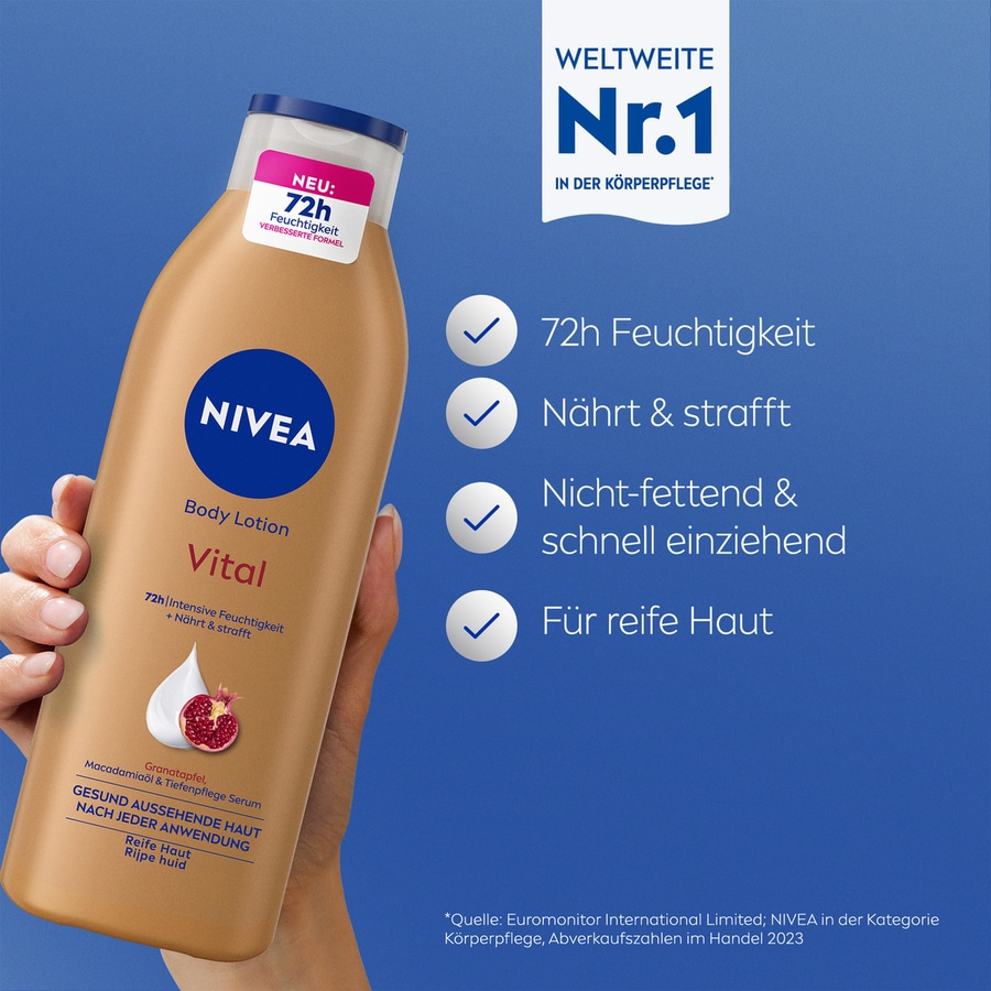NIVEA Vital Body Lotion 3 x 250ml Granatapfel, Macadamiaöl & Tiefenpflege Serum