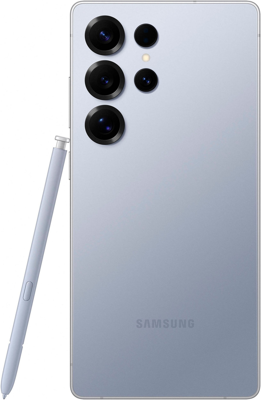 Hellblaues Smartphone mit Stift und Kameraobjektiven, Samsung-Logo auf der Rückseite.
