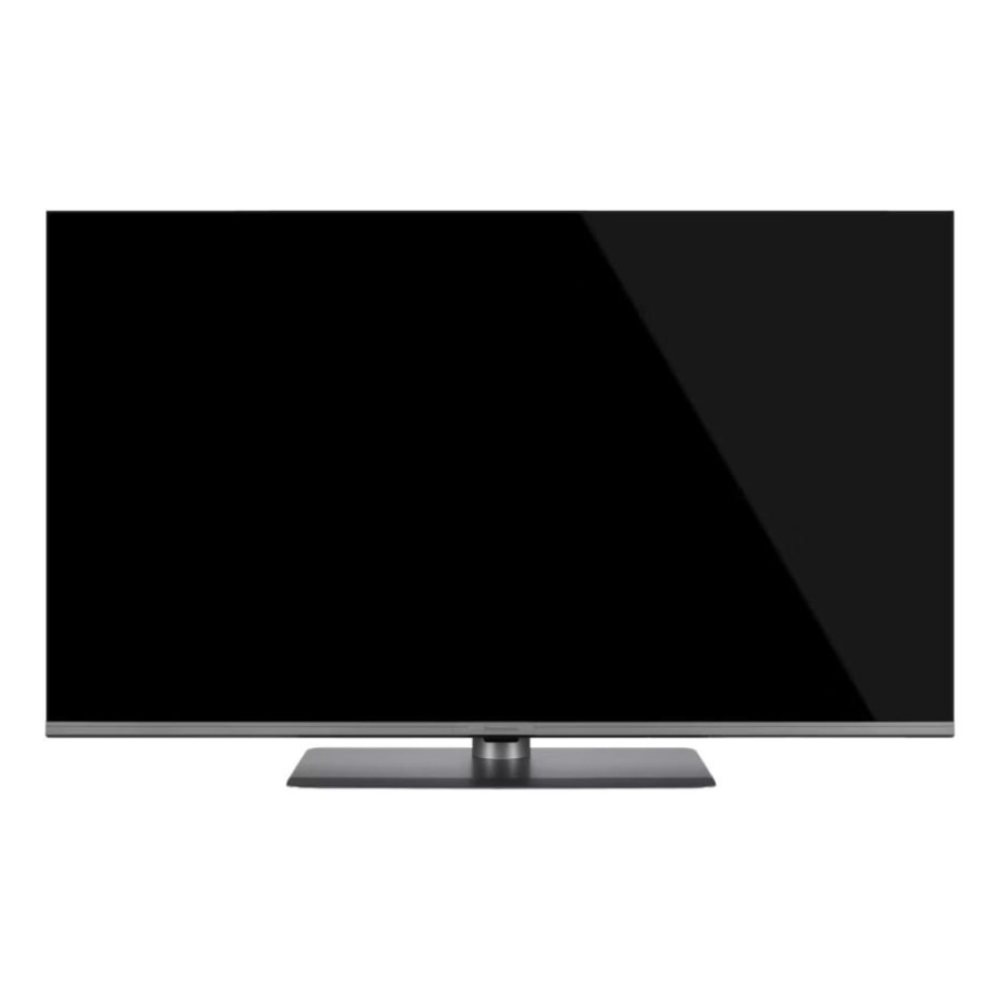 Ein schwarzer Fernseher mit einem grauen Standfuß auf weißem Hintergrund.