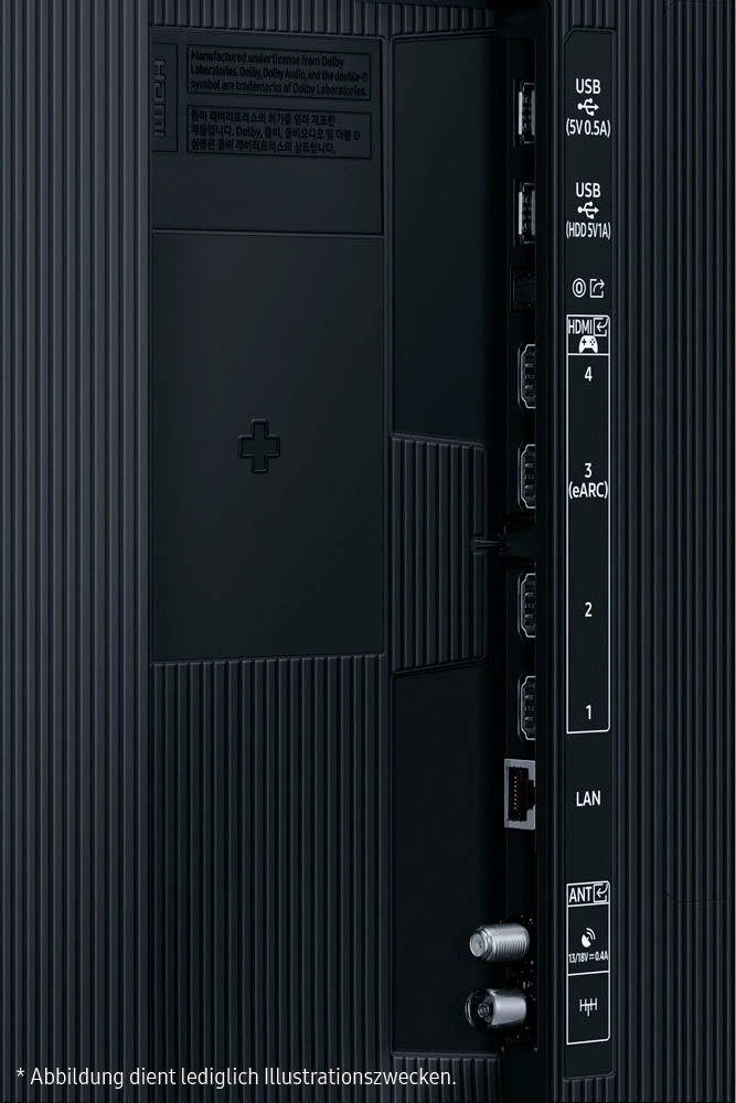 Rückseite eines Fernsehers mit verschiedenen Anschlüssen wie USB und HDMI.