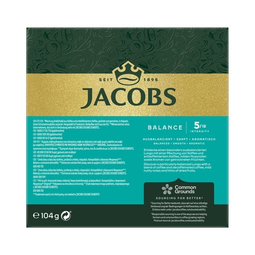 Kaffeepackung mit Jacobs-Logo, Balance-Anzeige und Informationen zu Nachhaltigkeit und Herkunft.
