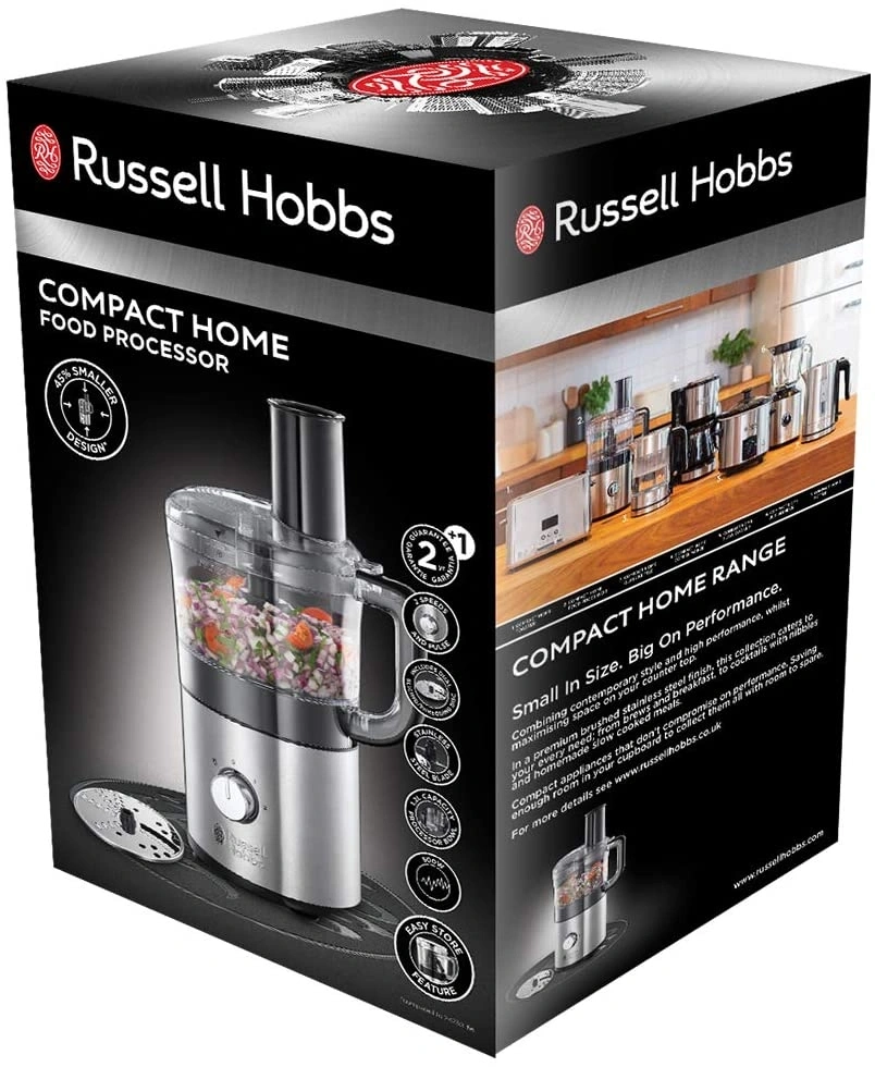 Russell Hobbs Compact Home Food Processor, 45% kleineres Design, Edelstahl-Finish, platzsparend.