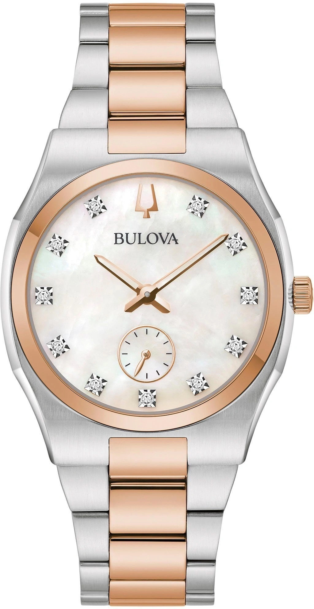 Bulova Damenuhr mit Perlmutt-Zifferblatt und Diamanten, roségoldfarben