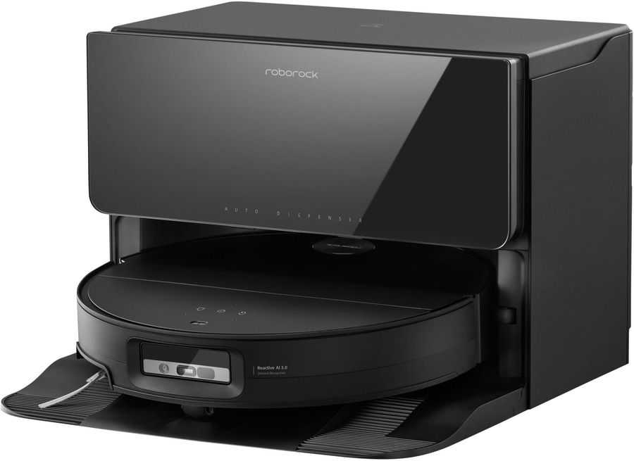 Ein schwarzer Roborock Saugroboter mit Dockingstation