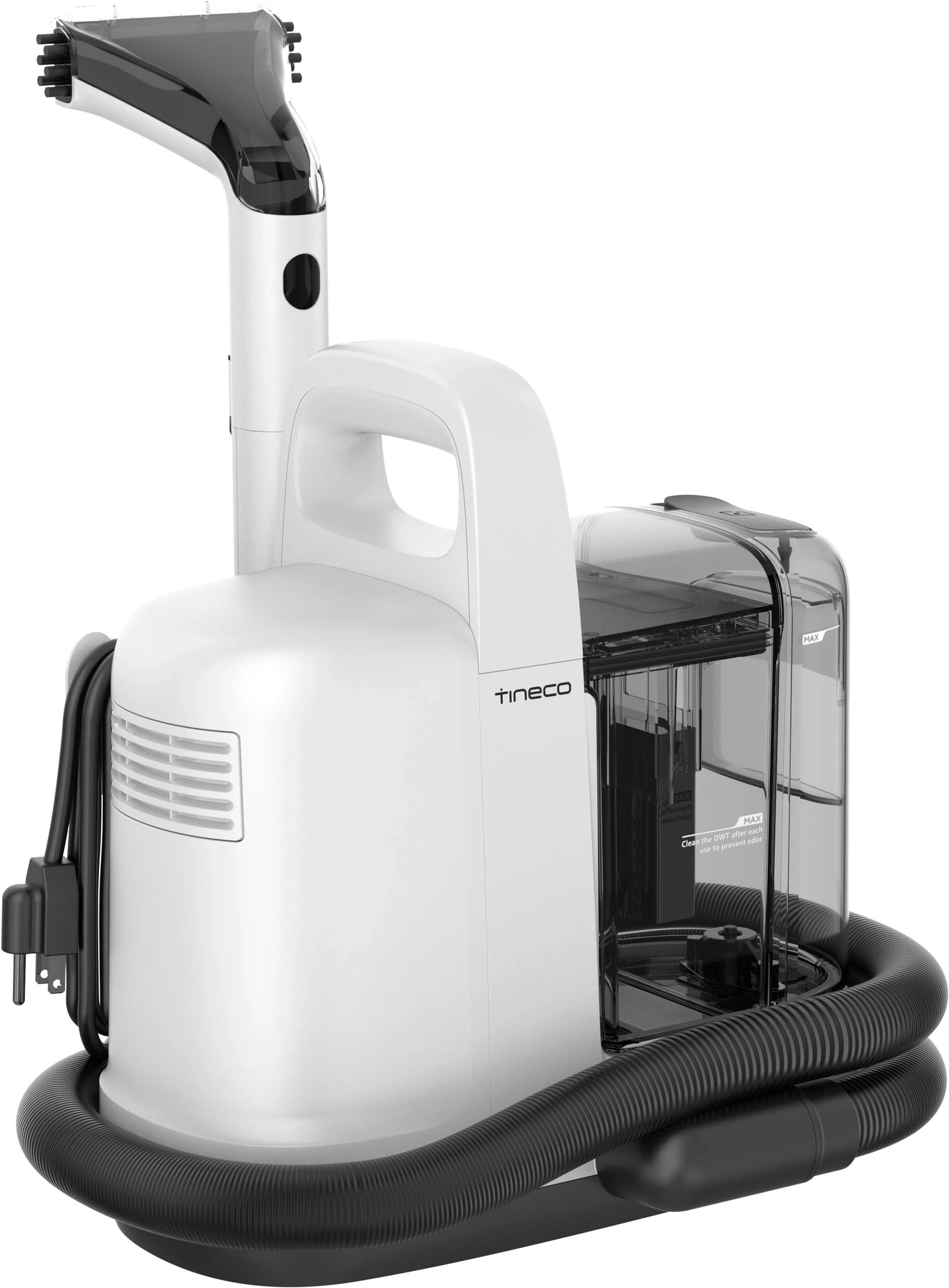 Ein weißer Tineco Teppichreiniger mit schwarzem Schlauch und transparentem Tank.