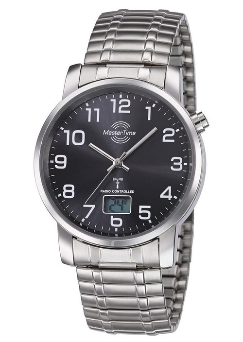 Uhr mit schwarzem Zifferblatt, silbernem Armband und digitaler Anzeige. MasterTime.