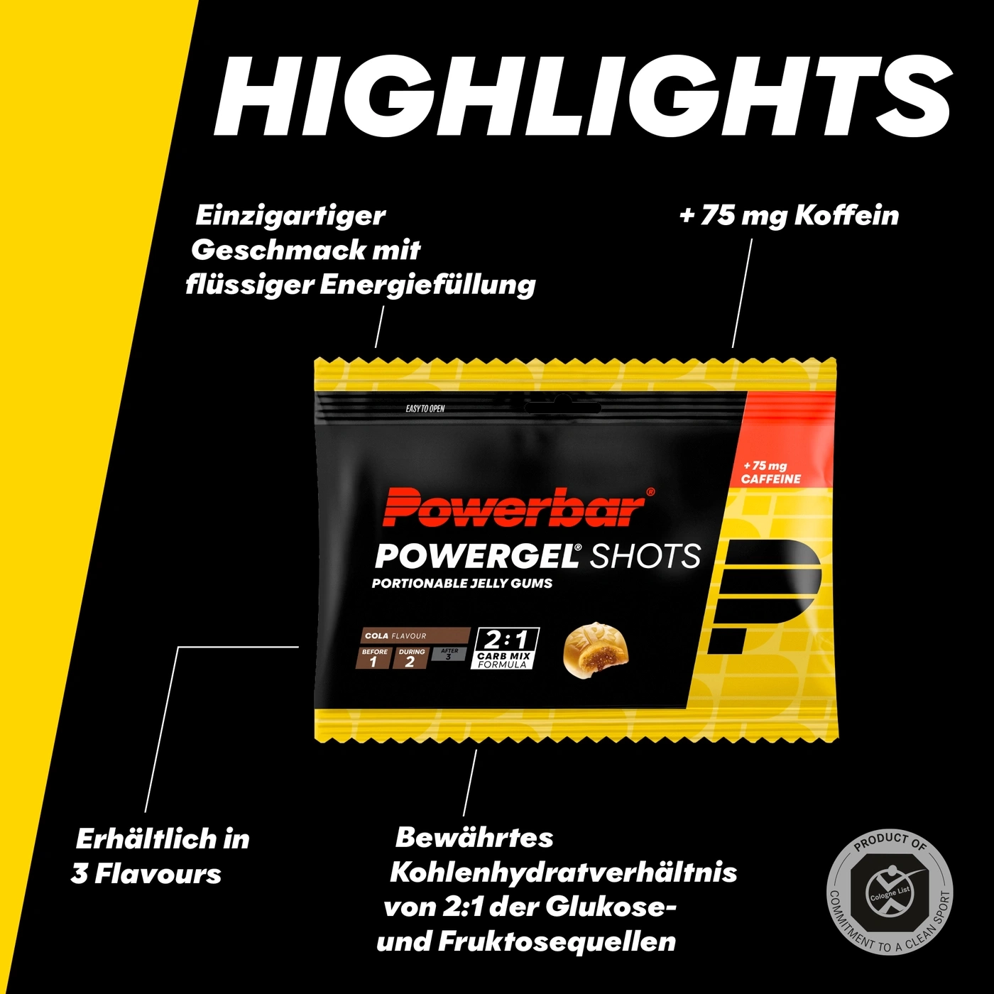 Powerbar Powergel Shots mit Koffein und 2:1 Kohlenhydrat-Formel.