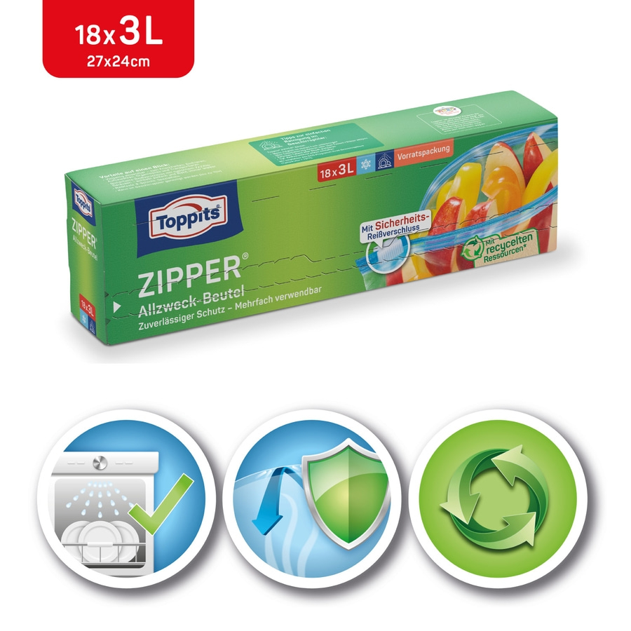 Toppits Zipper Allzweck-Beutel, 18x3L, 27x24cm, Vorratspackung, recycelten Ressourcen
