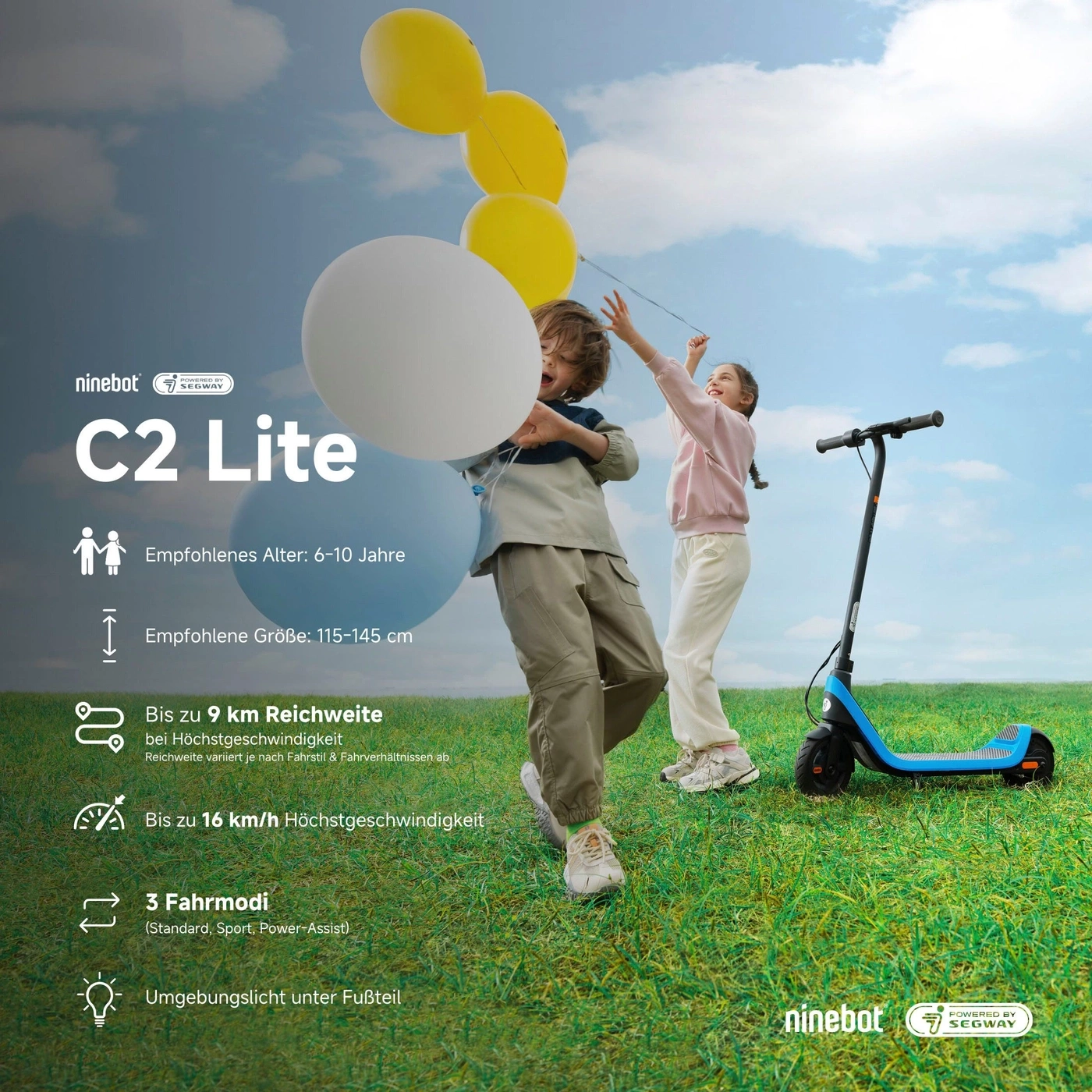 Zwei Kinder mit Luftballons und einem Ninebot E-Scooter im Freien