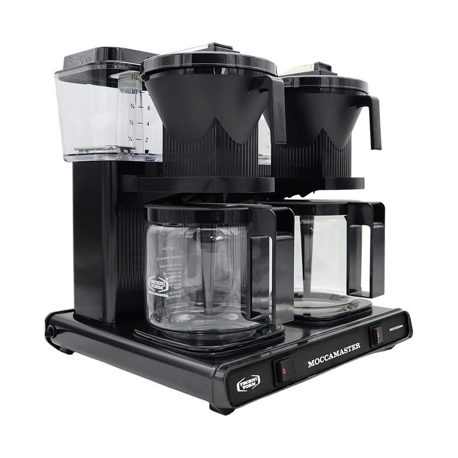 Schwarze Moccamaster Kaffeemaschine mit zwei Glaskannen und Filtern, professionell