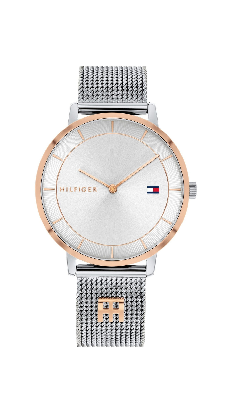 Tommy Hilfiger Uhr, silbernes Zifferblatt, roségoldfarbenes Gehäuse und Armband