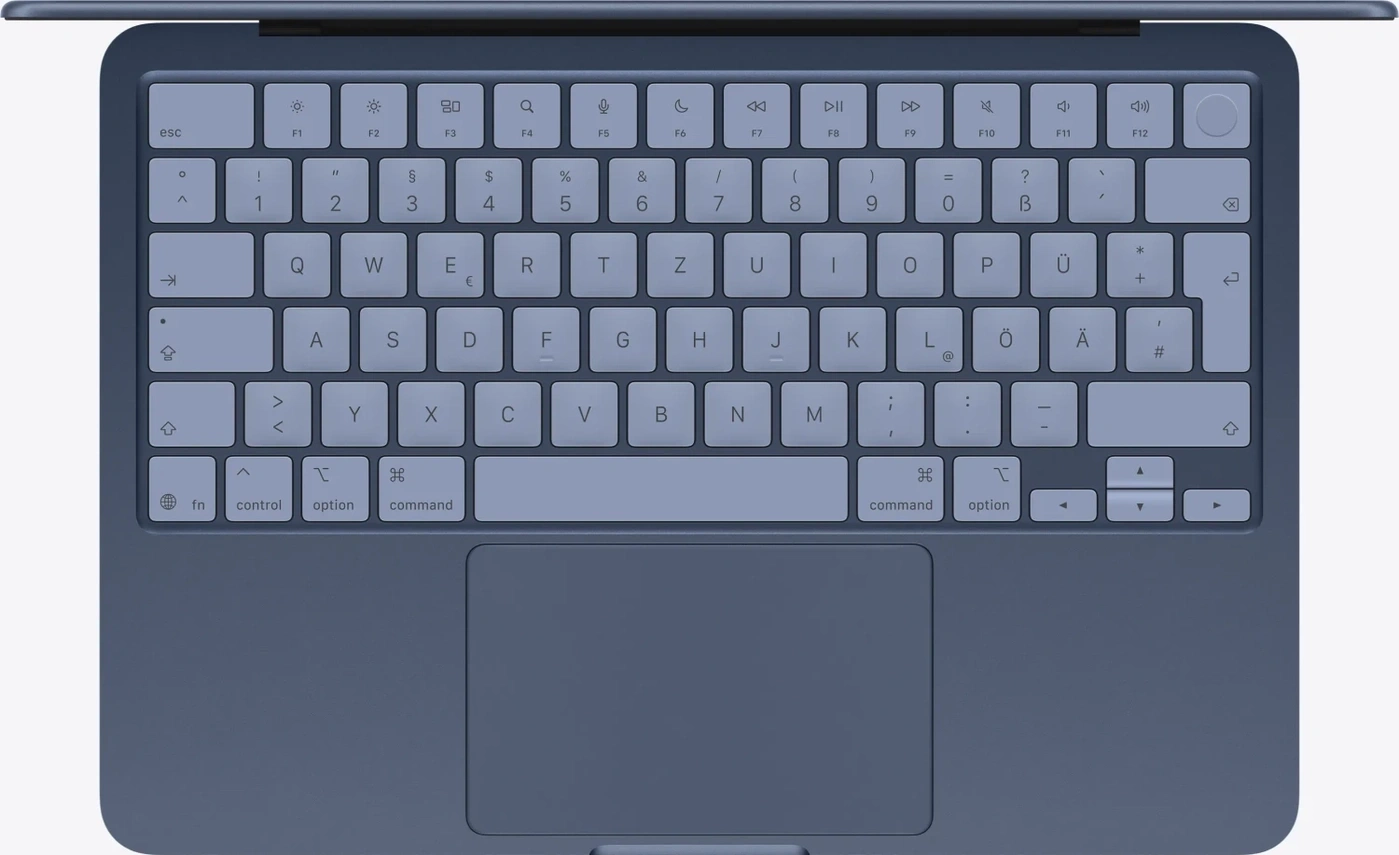 Eine blaue Tastatur mit Hintergrundbeleuchtung und einem Touchpad.