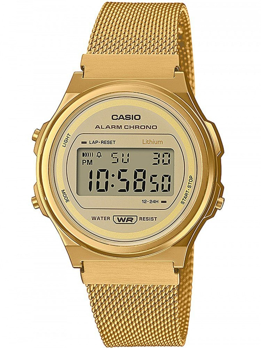 Goldene Casio Uhr mit digitaler Anzeige, Alarm und Chrono-Funktion, wasserfest.