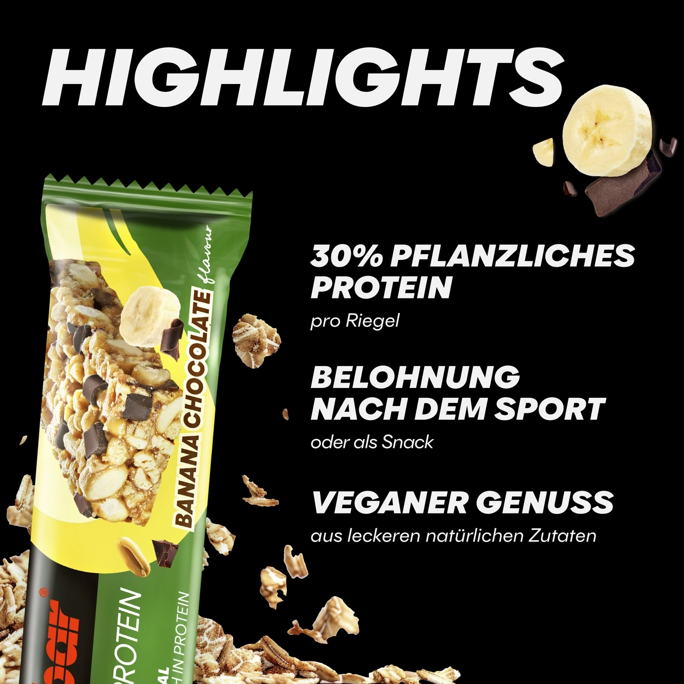 Proteinriegel mit Bananen-Schokoladen-Geschmack, 30% pflanzliches Protein und veganer Genuss