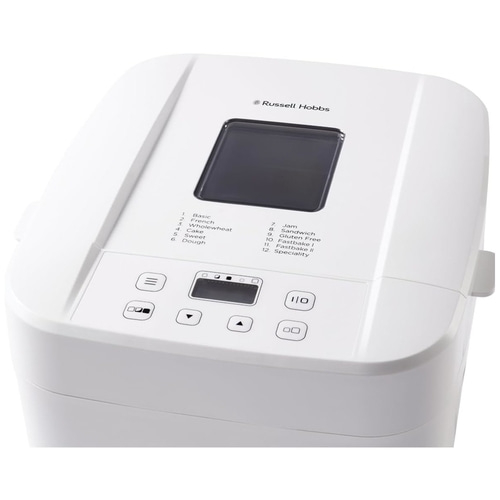 Weißer Brotbackautomat von Russell Hobbs mit verschiedenen Programmen und Bedienfeld.