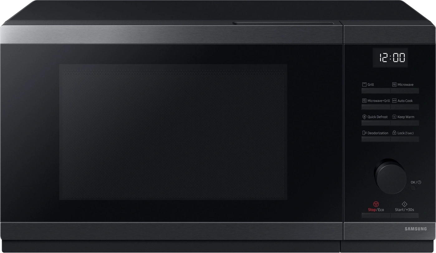 Schwarze Samsung Mikrowelle mit digitaler Anzeige und Bedienfeld.