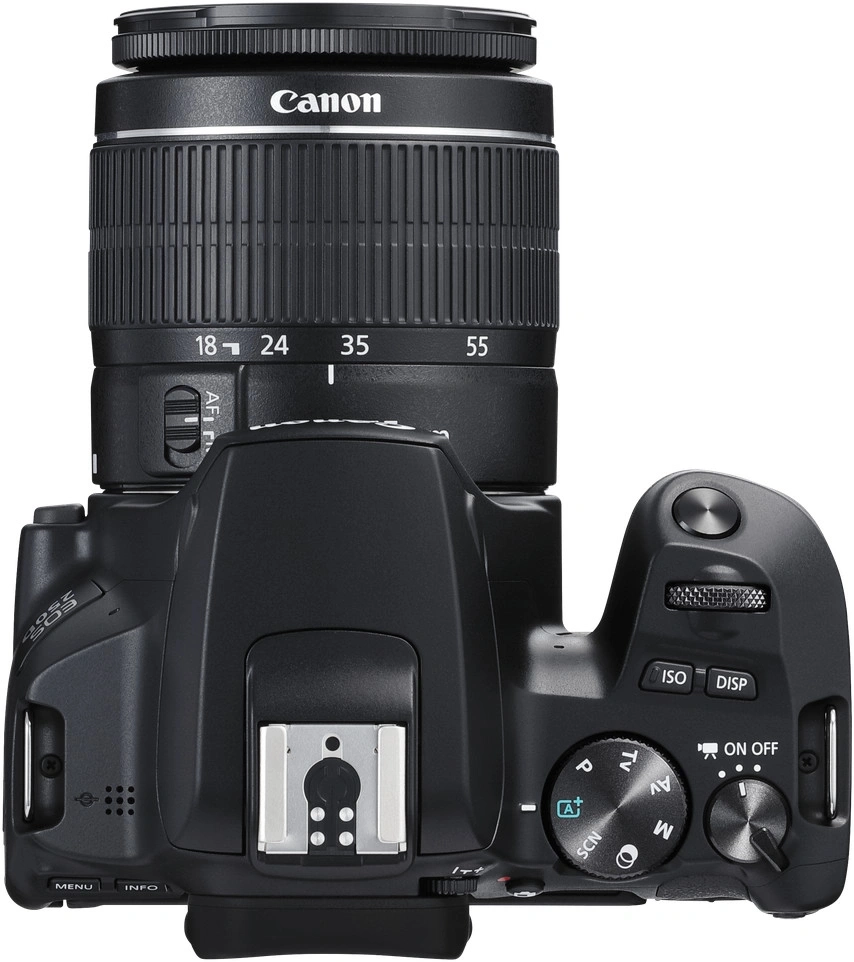 Obenansicht einer schwarzen Canon EOS DSLR-Kamera mit Zoomobjektiv
