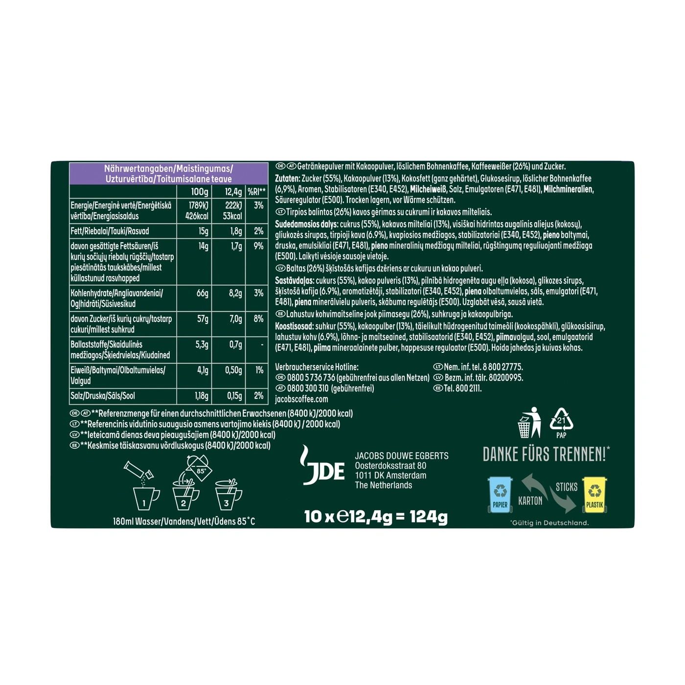 Verpackung mit Nährwertangaben, Inhaltsstoffen und Zubereitungshinweisen.