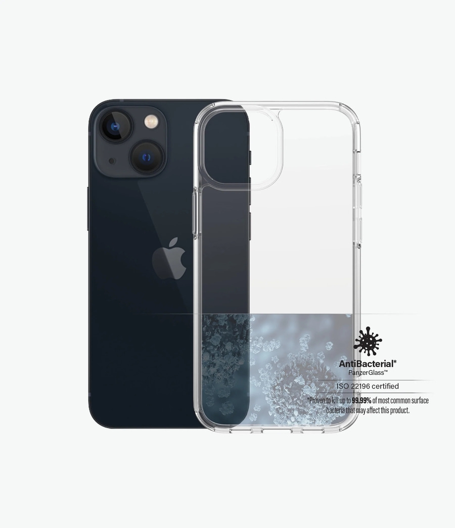 Schwarzes iPhone mit PanzerGlass Hülle, antibakteriell, ISO 22196 zertifiziert, tötet 99,99% Bakterien.