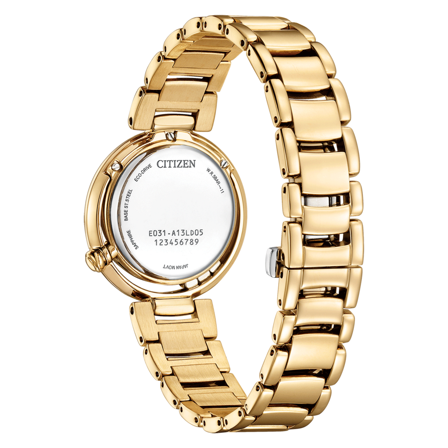 Goldene Citizen-Uhr, Rückseite mit Details, Eco-Drive, Saphirglas, japanisches Uhrwerk.