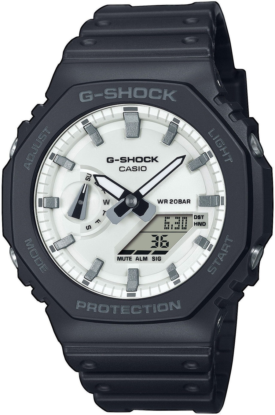 G-Shock Armbanduhr mit schwarzem Gehäuse und weißem Zifferblatt
