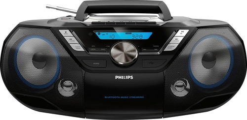 Schwarzes Philips-Radio mit Bluetooth-Musik-Streaming, Lautsprechern und Bedienfeld.